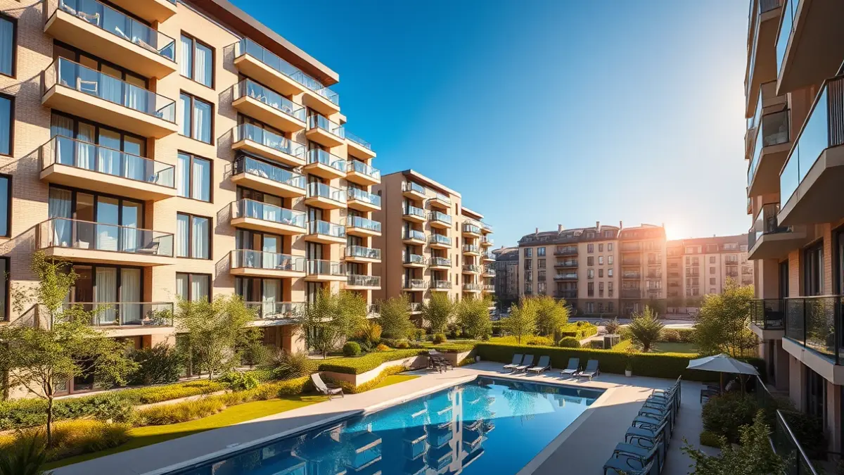 Imagen de un edificio residencial moderno con zonas verdes y piscina.