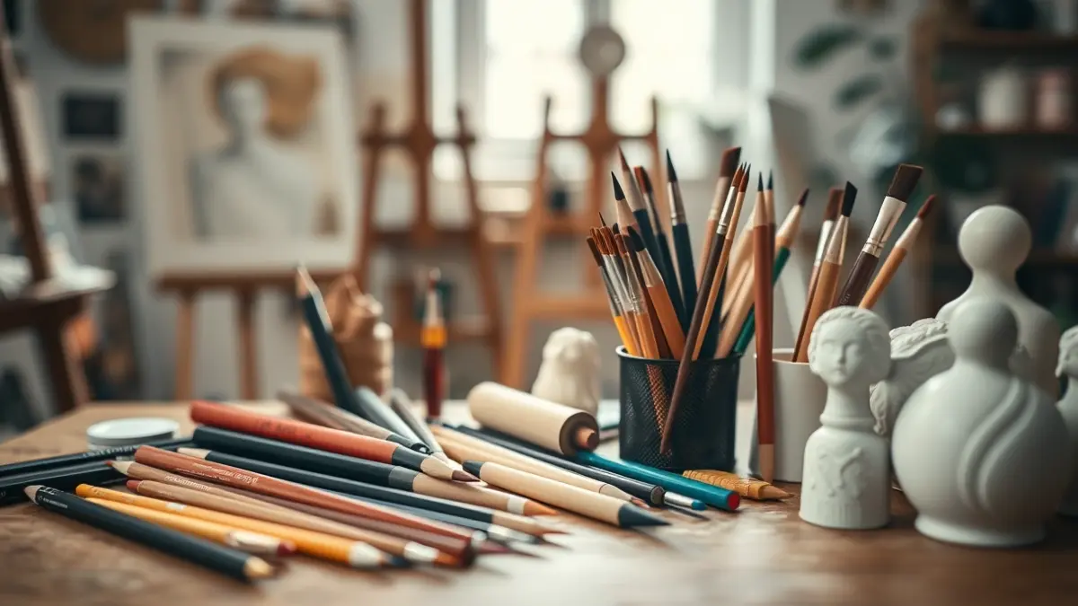 Generic image of art materials like paintbrushes and pencils.