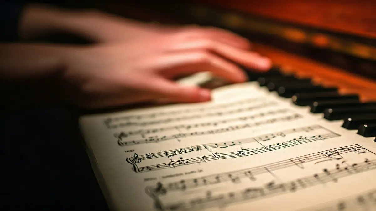 Imagen genérica de una partitura musical con manos tocando un piano de fondo, simbolizando la educación artística.