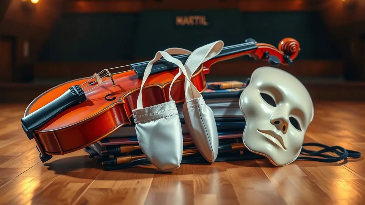 Generic image of musical instruments, ballet shoes, and a theater mask.