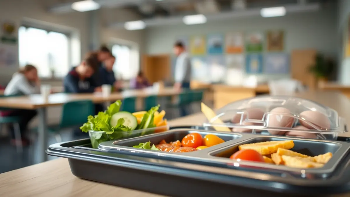 Imagen genérica de una bandeja de comedor escolar con alimentos saludables.