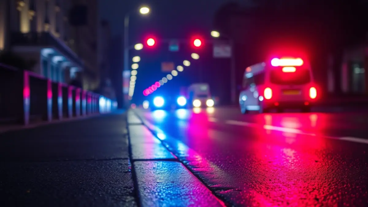 Generic image of emergency lights reflected on wet asphalt.
