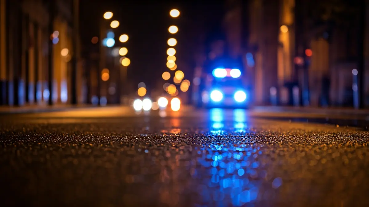 Generic image of emergency lights reflecting on wet asphalt at night.
