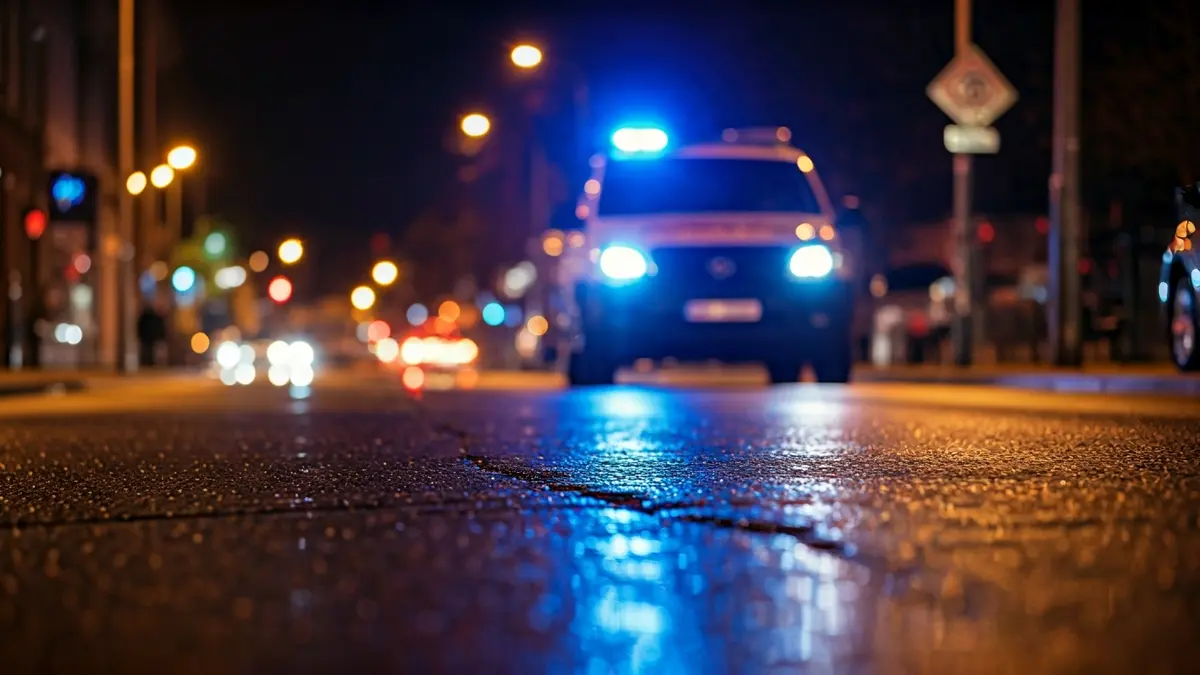 Generic image of emergency lights reflected on wet asphalt.