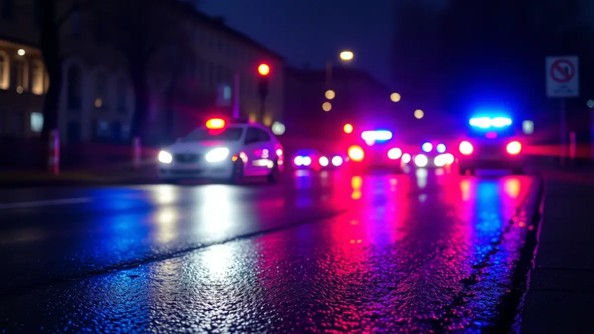 Generic image of emergency lights reflected on wet asphalt.
