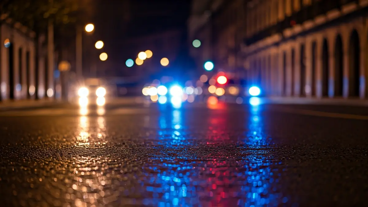 Generic image of emergency lights reflecting on wet asphalt at night.
