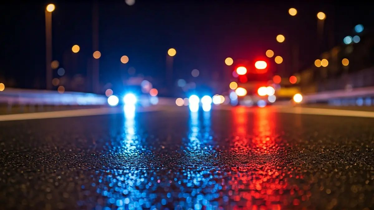 Generic image of emergency lights on a wet road at night.