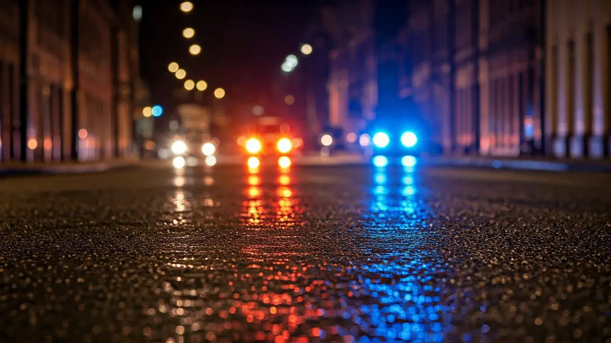 Imagen genérica de luces de emergencia reflejadas en el asfalto mojado.