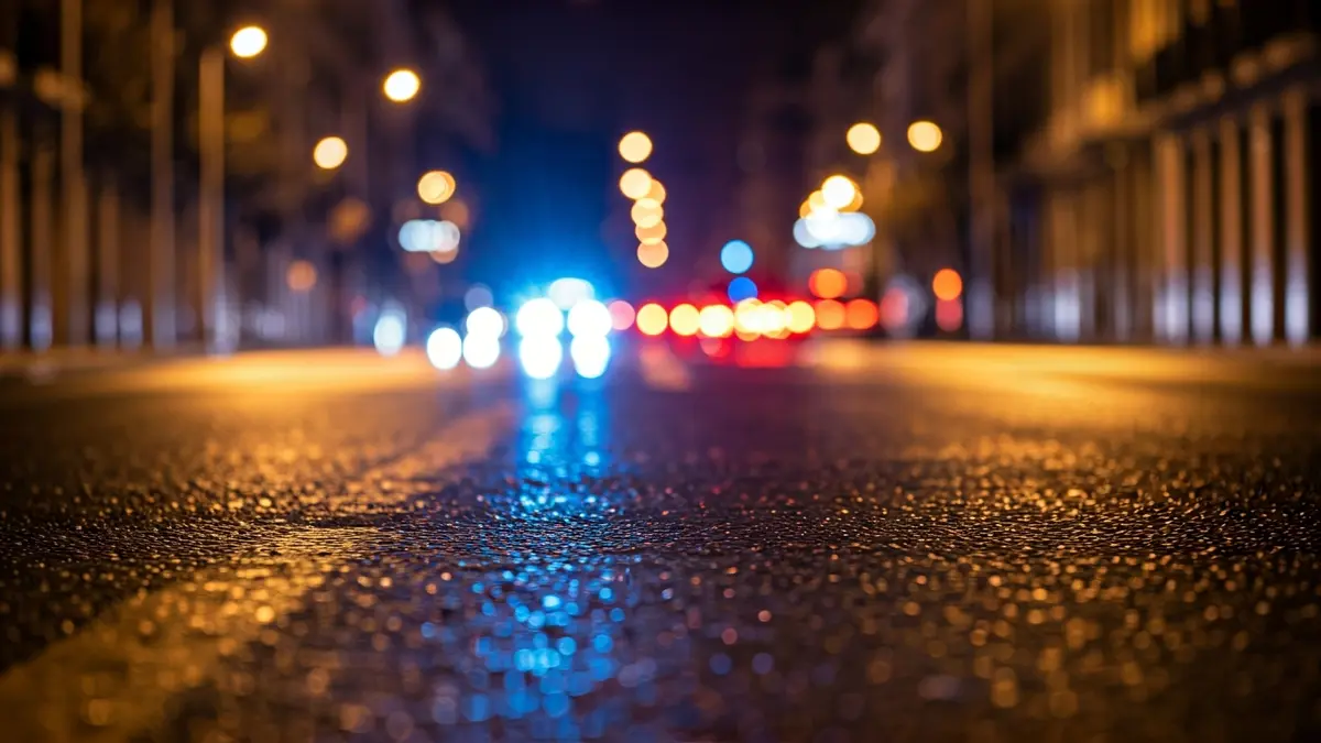 Generic image of emergency lights reflected on wet asphalt in an urban setting in Madrid.