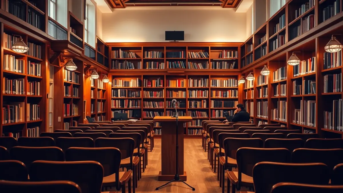 Generic image of a library interior with wooden bookshelves and a podium with a microphone, evoking a reading and presentation atmosphere.