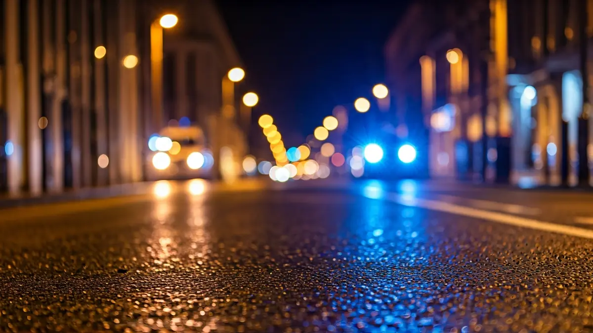 Imagen genérica de luces de emergencia policiales en una calle urbana por la noche.
