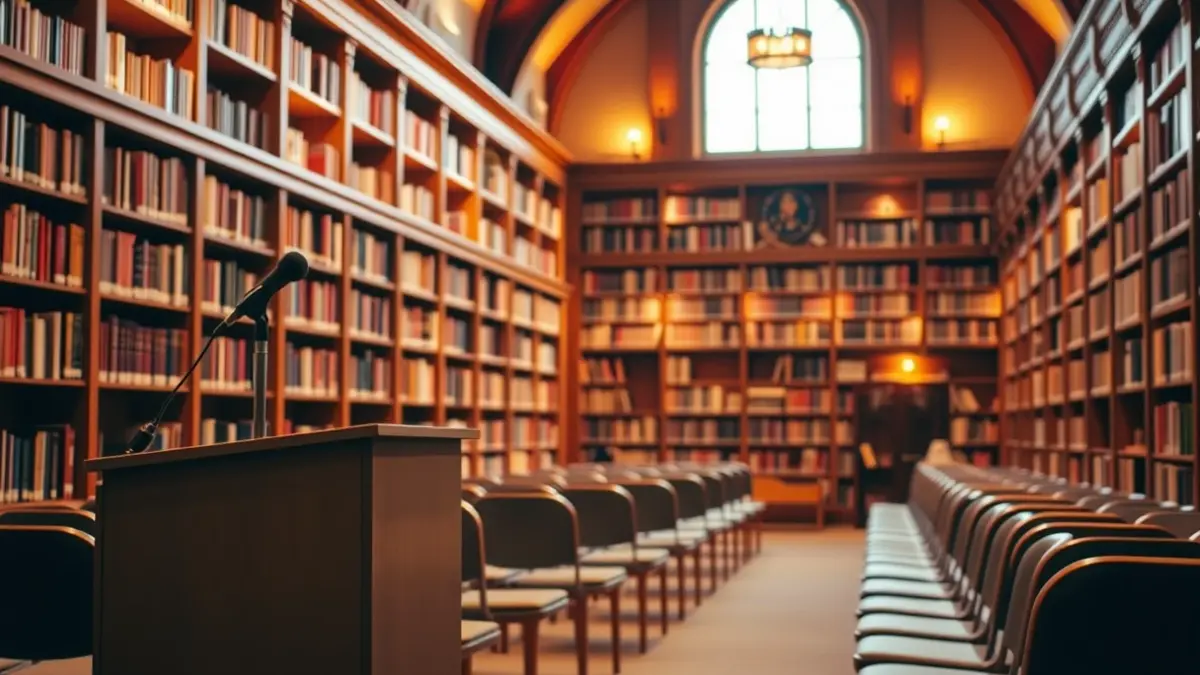 Generic image of a library interior with bookshelves and a podium with a microphone.