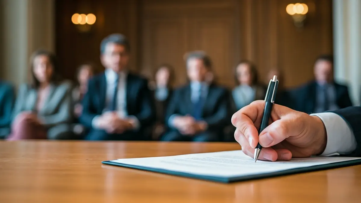 Imagen genérica de una mano firmando un documento, simbolizando un acuerdo.