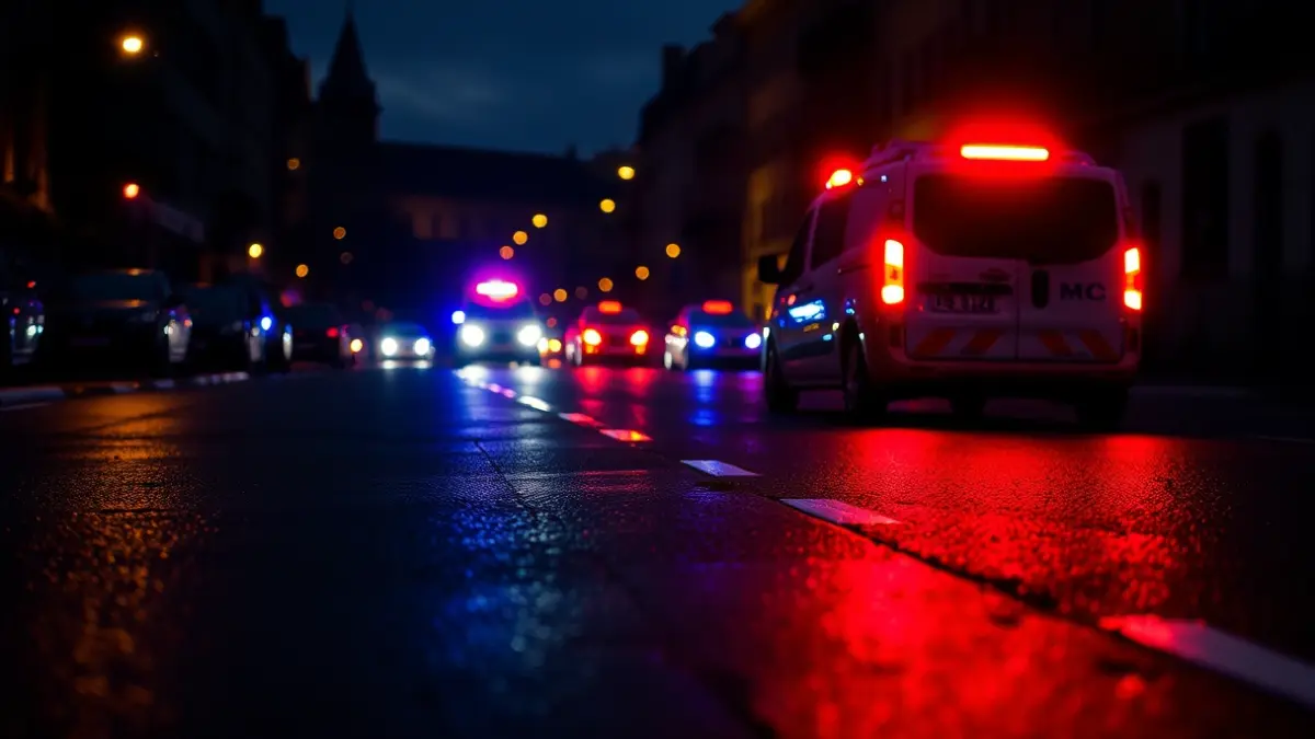 Generic image of emergency lights reflecting on wet asphalt.