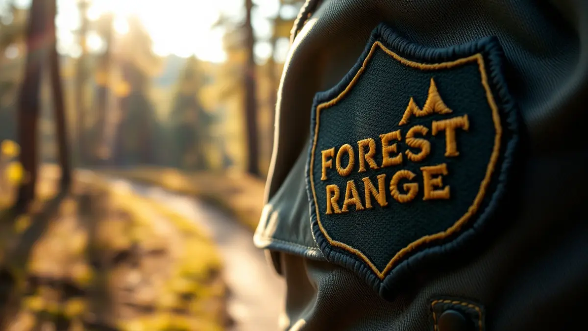Generic image of a forest ranger's uniform patch with a natural landscape in the background.