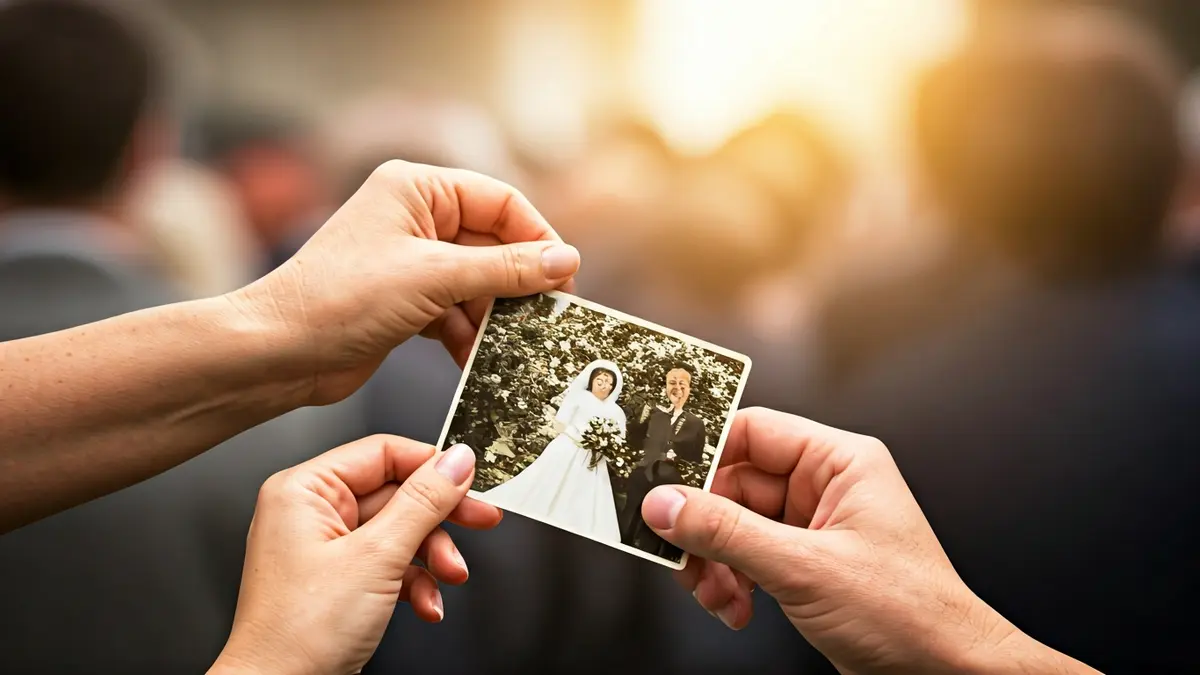 Generic image of hands holding an old wedding photograph, symbolizing a Golden Anniversary.