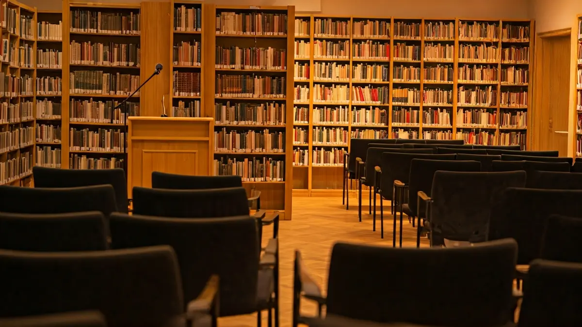 Imagen genérica de un interior de biblioteca con estanterías de madera y un podio con micrófono.
