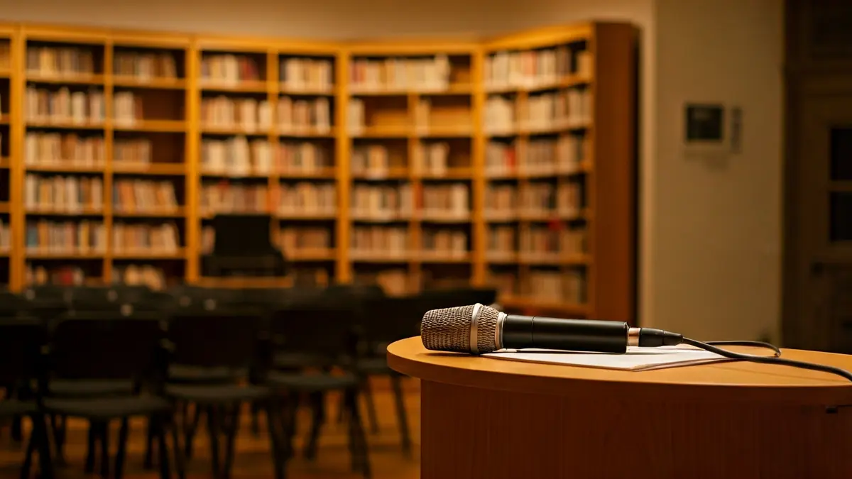 Imagen genérica de un atril con micrófono en un entorno de biblioteca o sala de conferencias.