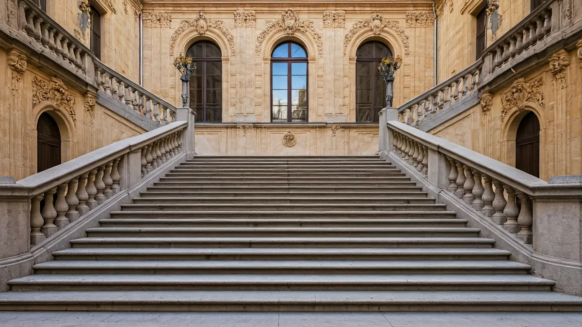 Monumental baroque staircase in a historic building, with ornate details.