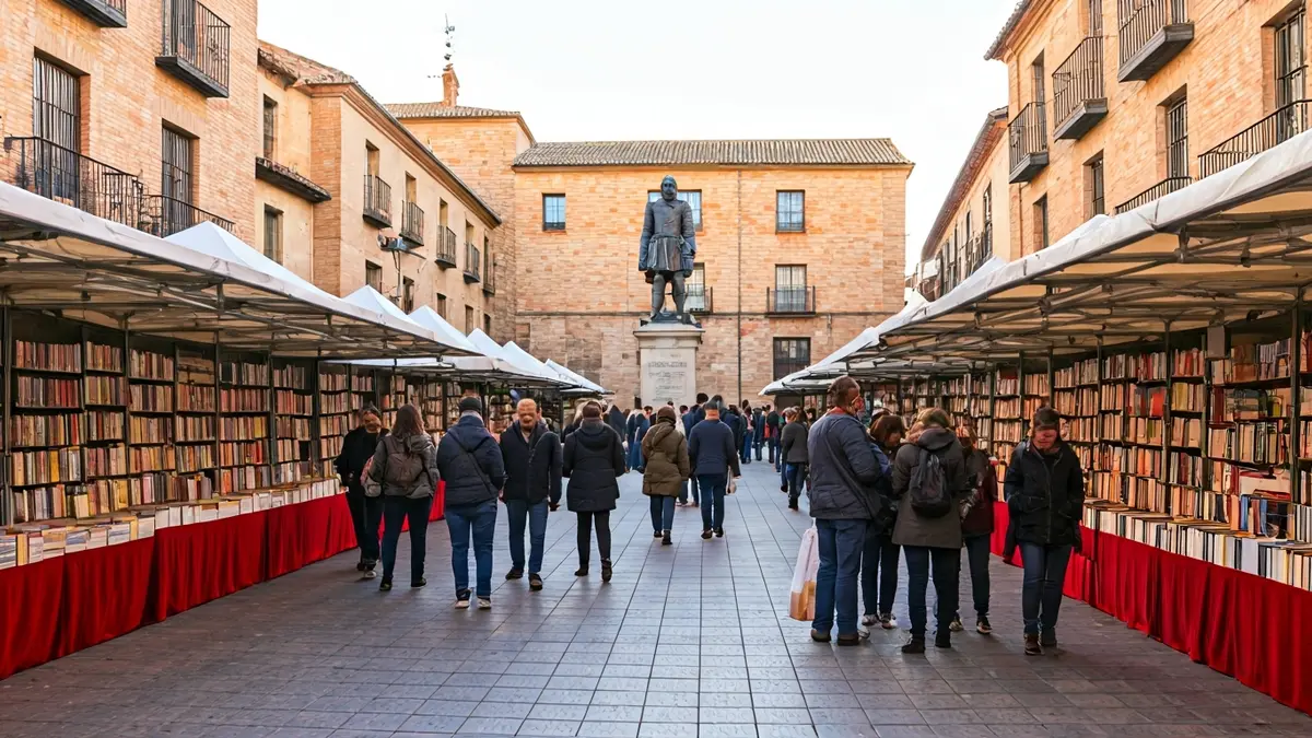 Imagen de una feria del libro al aire libre en una plaza histórica con puestos y gente.