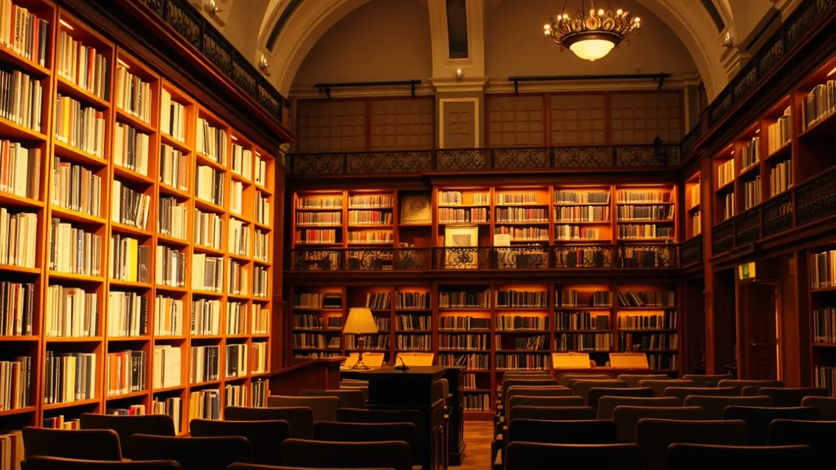 Imagen genérica de un interior de biblioteca con estanterías de madera y un podio con micrófono.