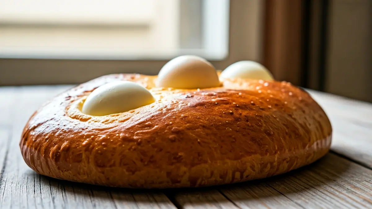 Imagen de un hornazo alcalaíno, un dulce tradicional de Pascua con un huevo cocido en el centro.