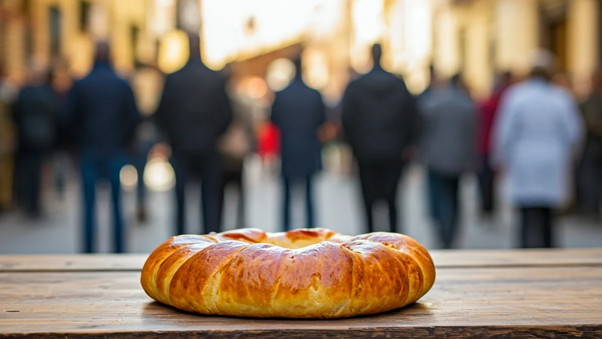 Imagen de un hornazo alcalaíno, con ambiente festivo de fondo.