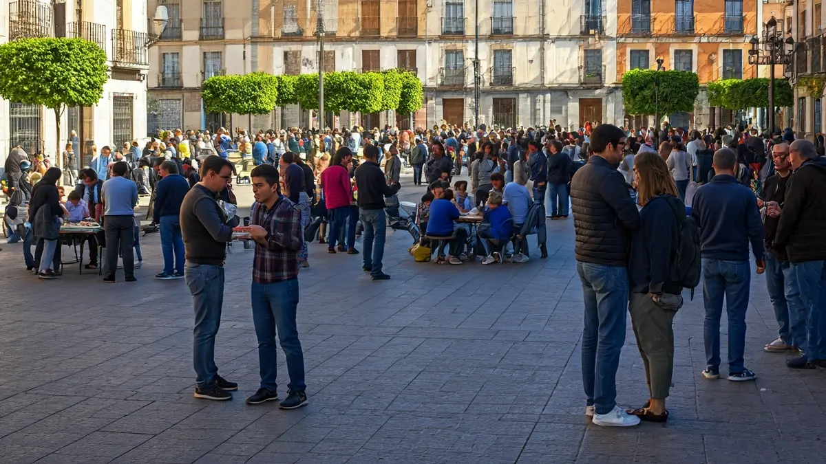 Image of people of different ages interacting in a public space, symbolizing intergenerational coexistence.
