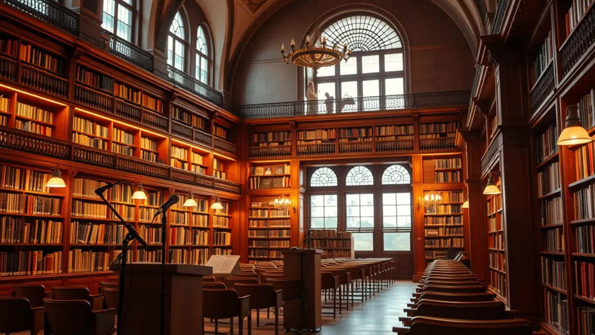 Generic image of a library interior with wooden bookshelves and a podium with a microphone.