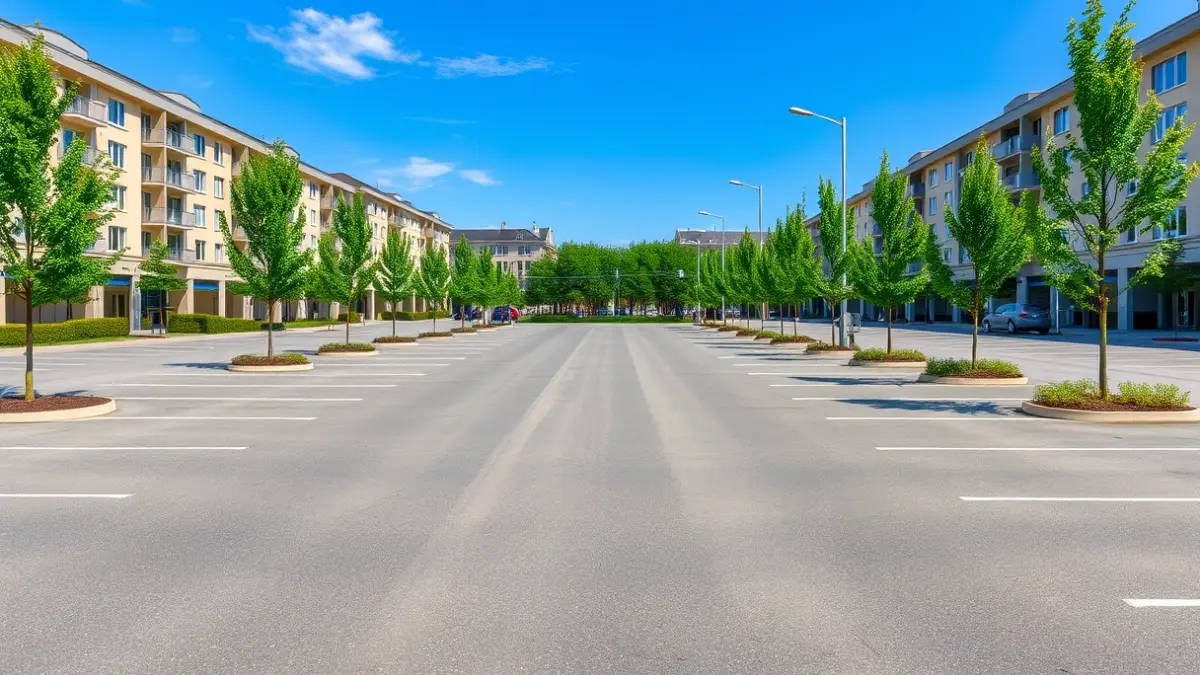 Generic image of a newly inaugurated public parking lot with trees and LED lighting.