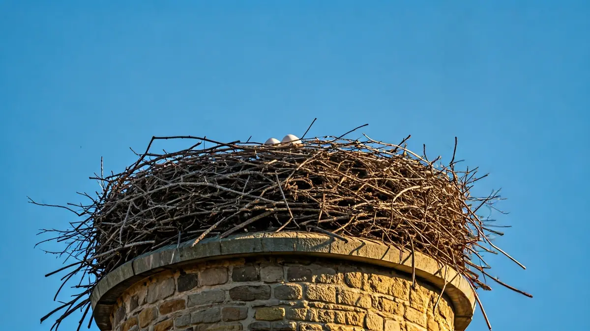 Stork's nest with eggs on a historic building's tower.