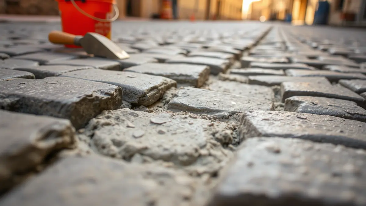 Imagen de una calle adoquinada en reparación, con mortero fresco entre las piedras.