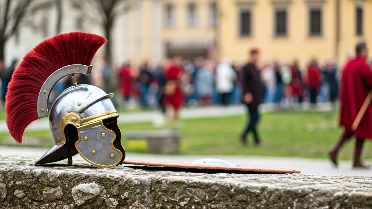 Imagen de un casco y escudo de legionario romano sobre ruinas antiguas, con recreadores históricos al fondo.