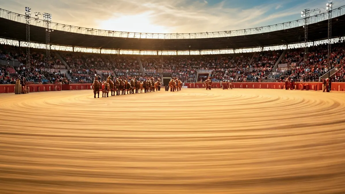 Imagen de un circo romano con carreras de cuadrigas y gladiadores.