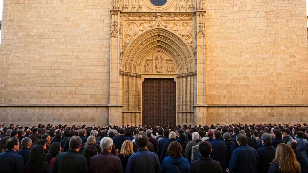 Fachada de un convento antiguo en Alcalá de Henares con personas congregadas.