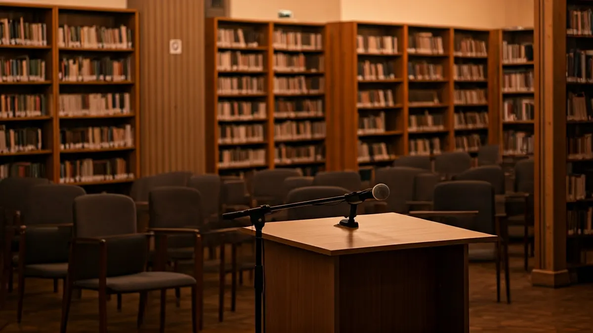 Imagen genérica de un interior de biblioteca con estanterías de madera y un podio con micrófono, evocando un ambiente de lectura y presentaciones literarias.