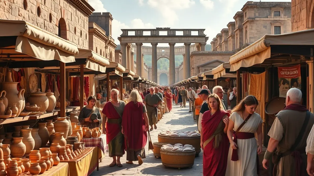 Imagen de un mercado romano con personas vestidas de época y puestos de artesanía.
