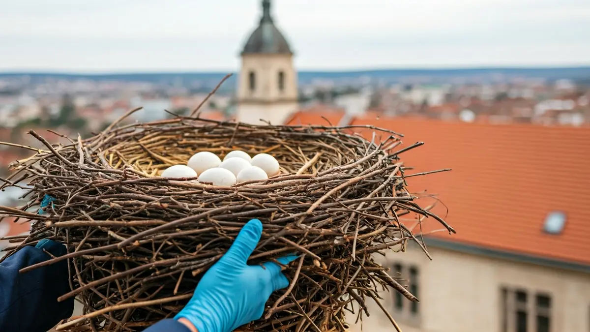 Imagen de un nido de cigüeña con huevos siendo retirado de un tejado.