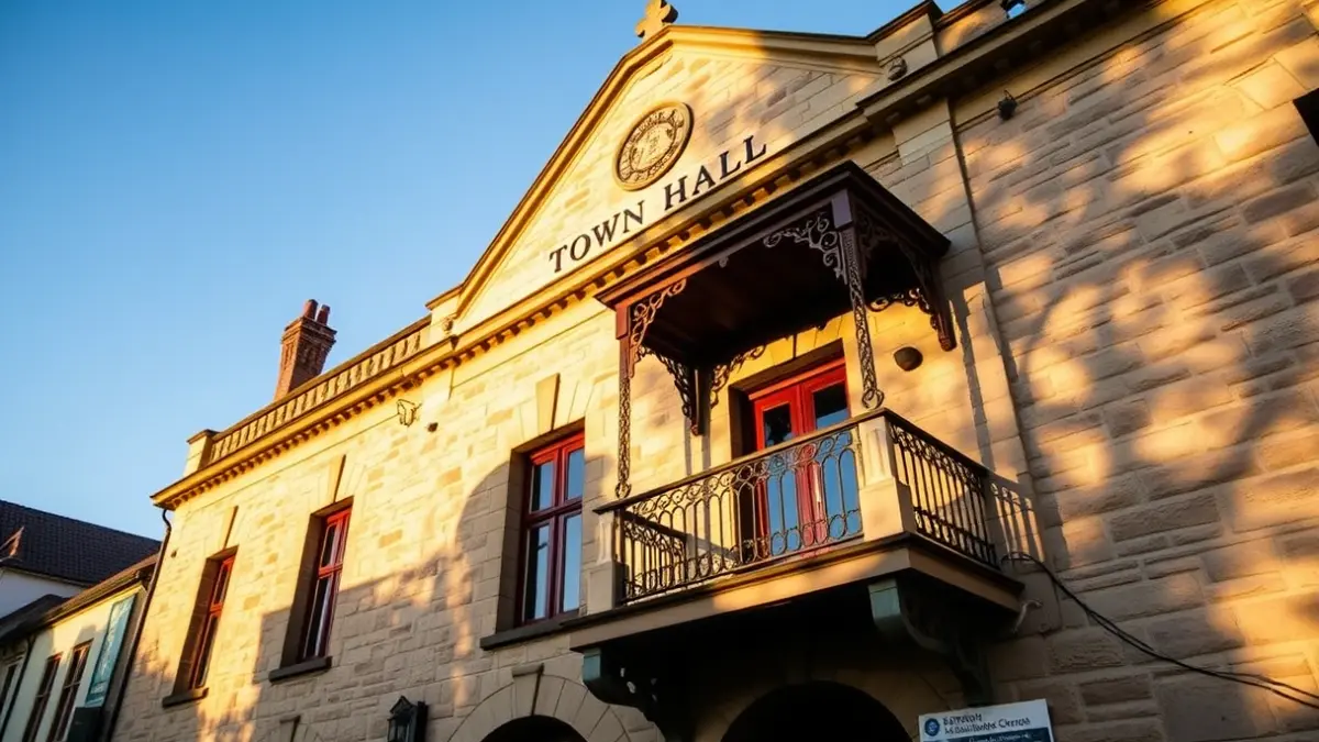 Stone town hall facade with balconies and iron railings, under afternoon sunlight.
