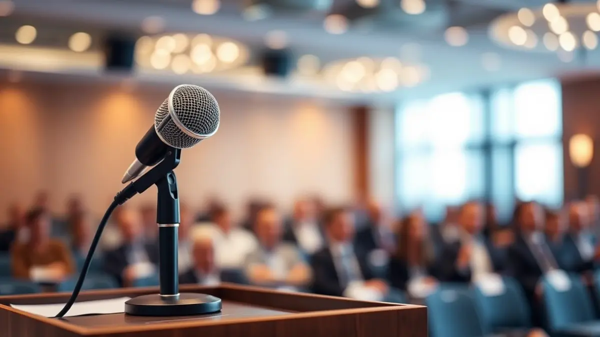 Generic image of a microphone on a podium, symbolizing a presentation or debate.