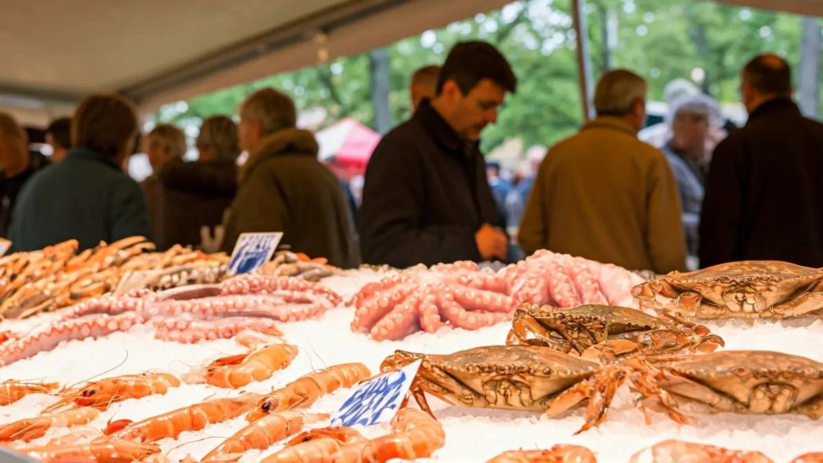 Image of a fresh seafood stall at an outdoor fair.