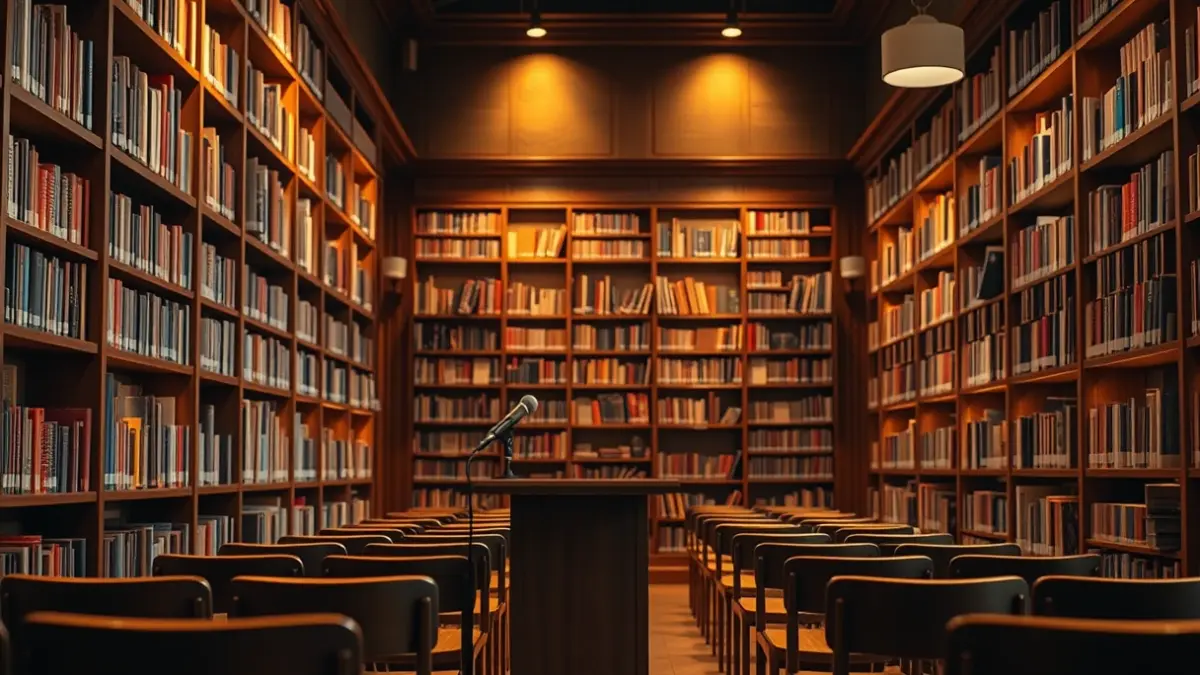Generic image of a library interior with wooden bookshelves and a podium with a microphone, lit with warm light.