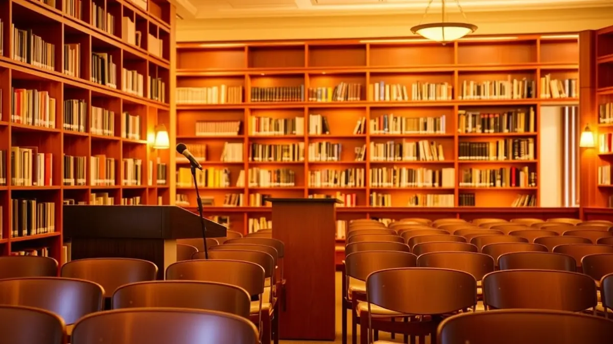 Imagen genérica de un espacio de lectura o presentación de libros, con estanterías y un ambiente acogedor.