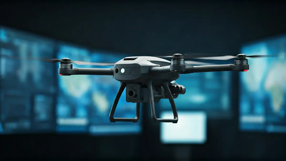 Generic image of a modern drone in a professional setting with data screens.