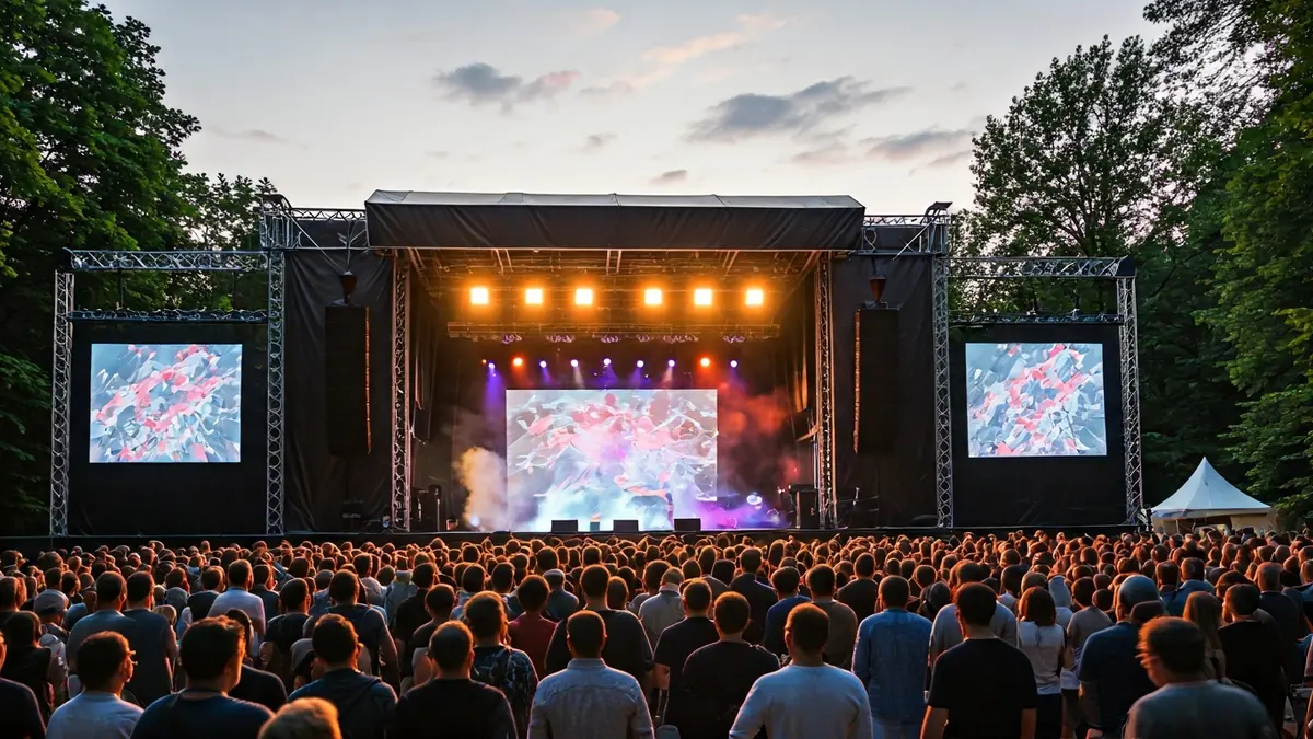 Imagen genérica de un escenario de festival de música al aire libre al anochecer.
