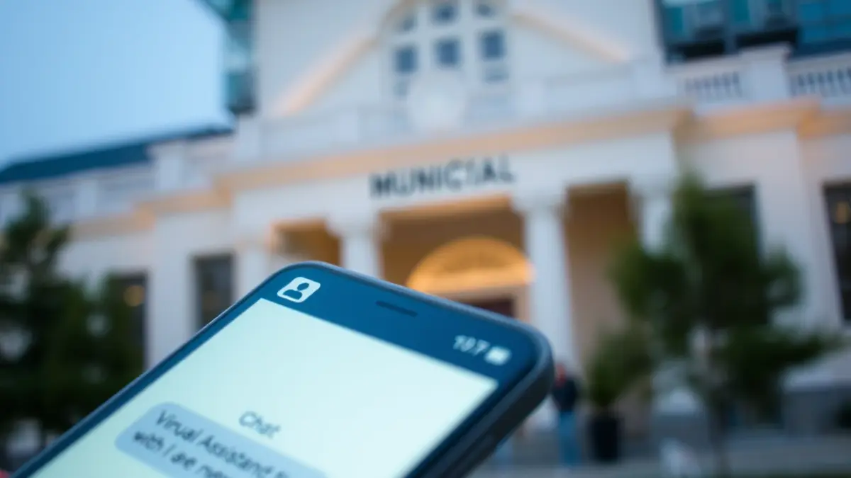 Imagen genérica de un teléfono móvil con un asistente virtual en pantalla, con un edificio municipal de fondo.