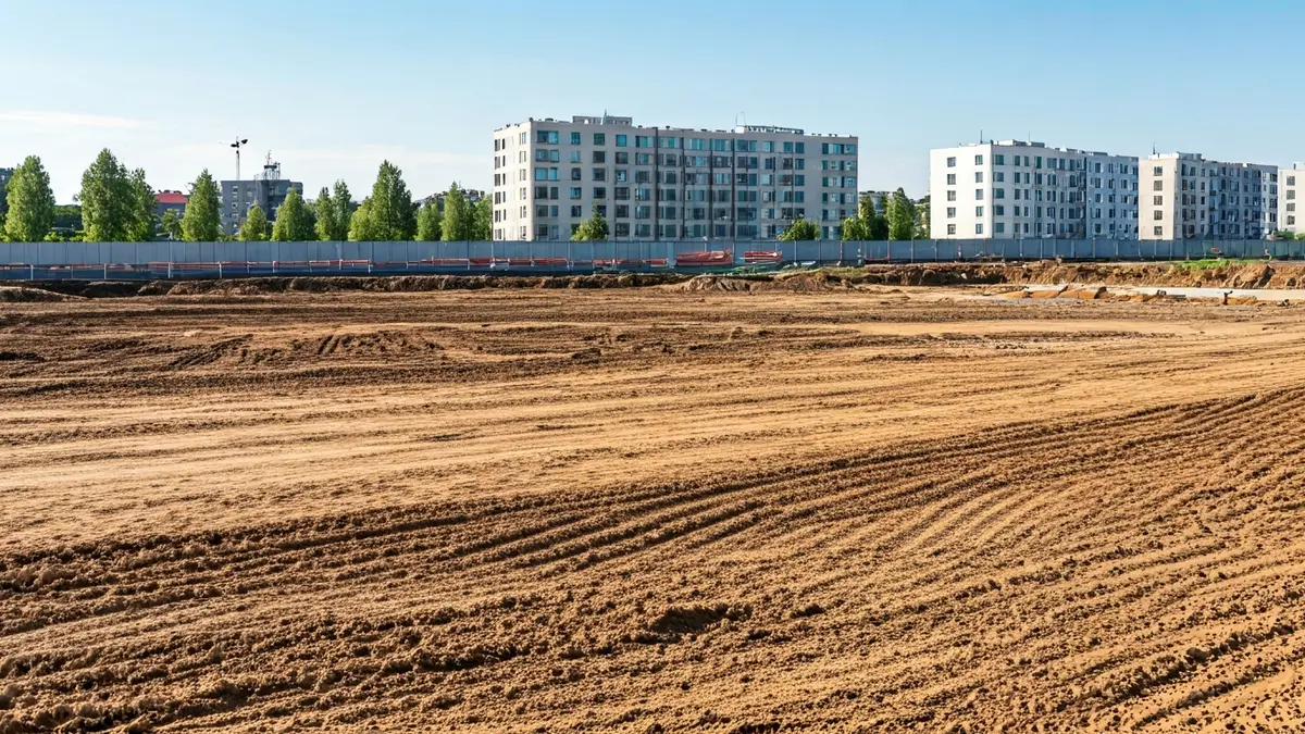 Image of a plot of land in Alcobendas with perimeter fences and machinery, indicating the start of an urban development.