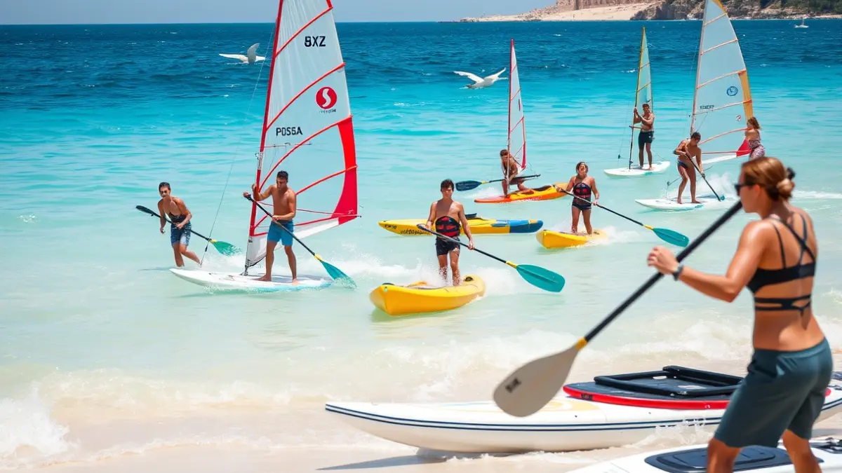Imagen genérica de jóvenes practicando deportes náuticos en una playa mediterránea.