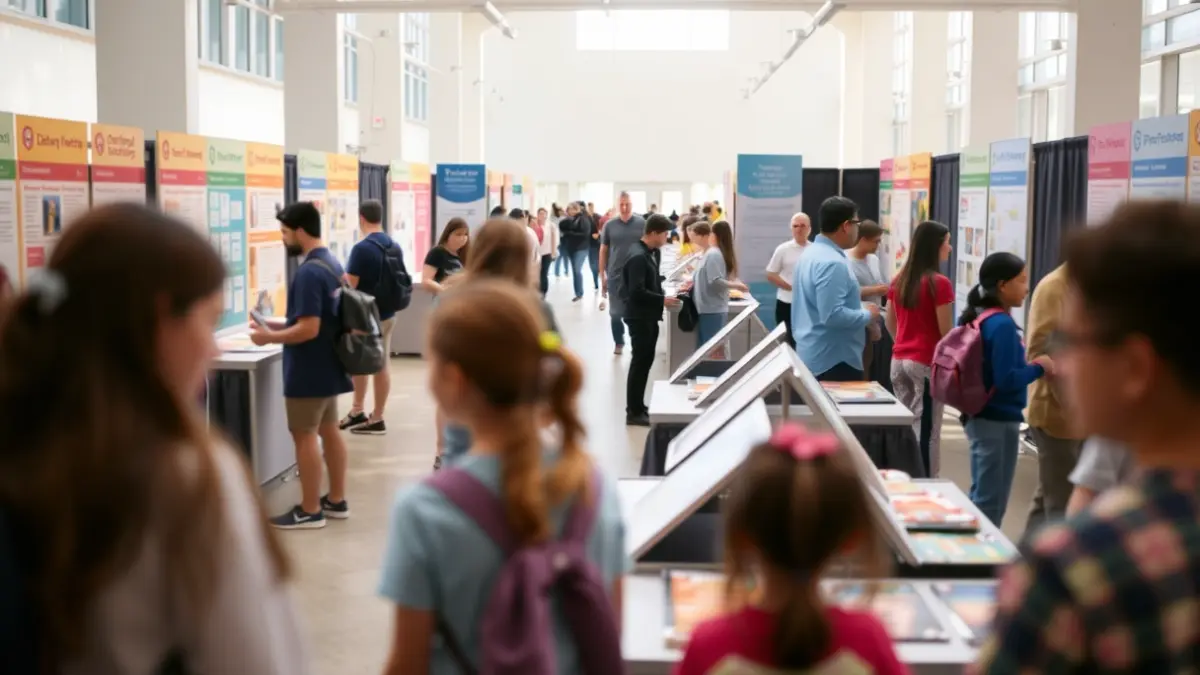 Imagen genérica de una feria educativa con estudiantes y expositores.