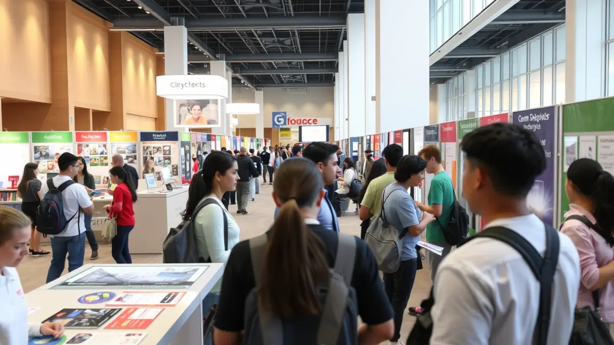 Imagen genérica de una feria de formación profesional con estudiantes y stands.